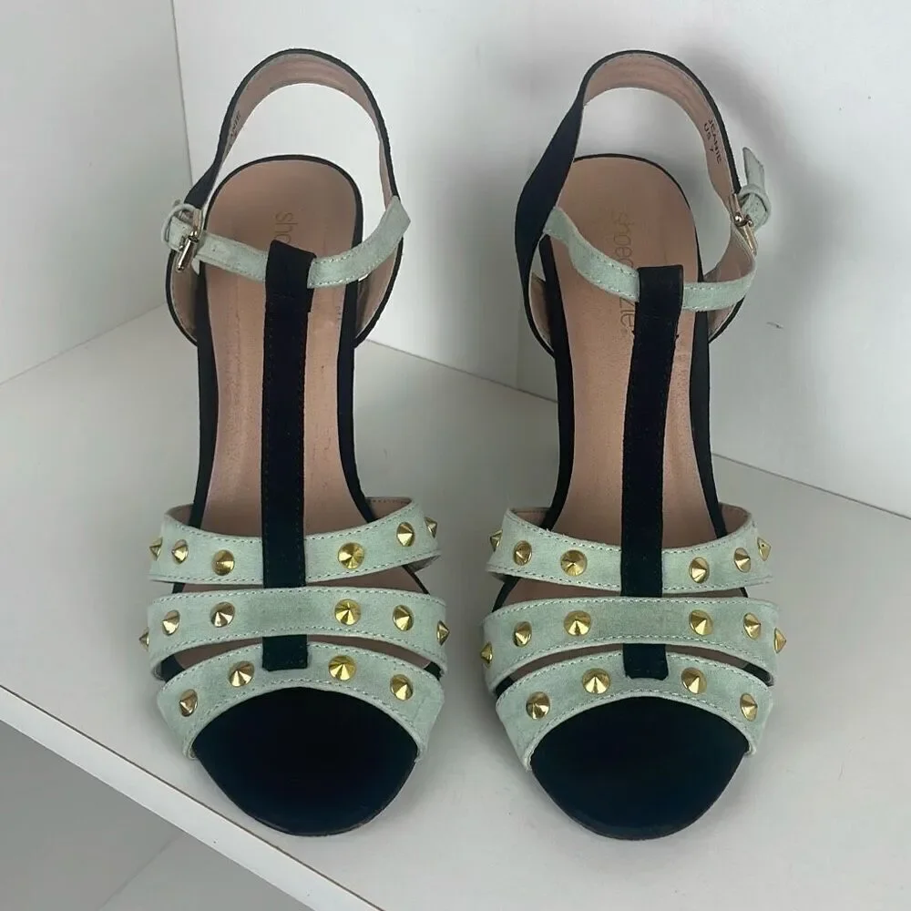 Gold Spiked Caged Faux Suede T-Strap Heels 7